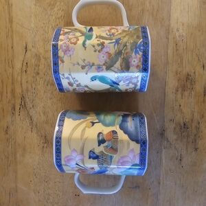 2 Imari-style Octagon Tea Mugs w/ Plum Blossoms, Bluebirds, Ducks, Gold Accents